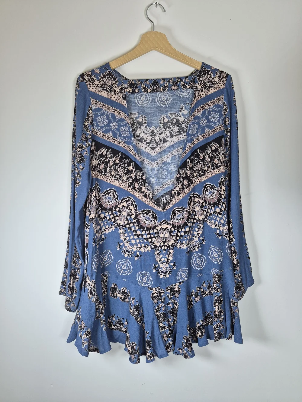 Free People Blue Printed Long Sleeve Backless Fit & Flare Dress S